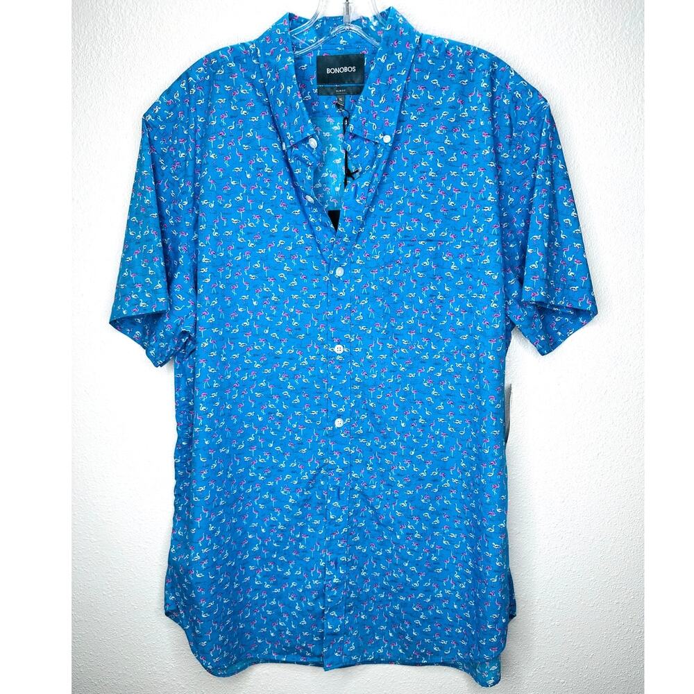 NWT Bonobos Blue with Tiny Pink & White Flamingos Button Shirt XL